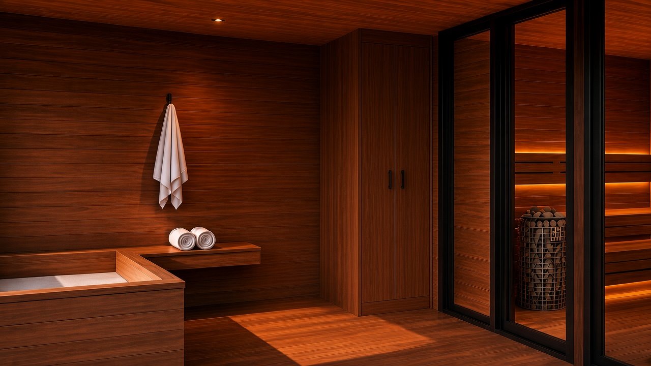 Slim two-door hardwood storage cabinet with matte black pulls, closed, set between the towel wall and the glass sauna in D-Box 01, concept visualization.