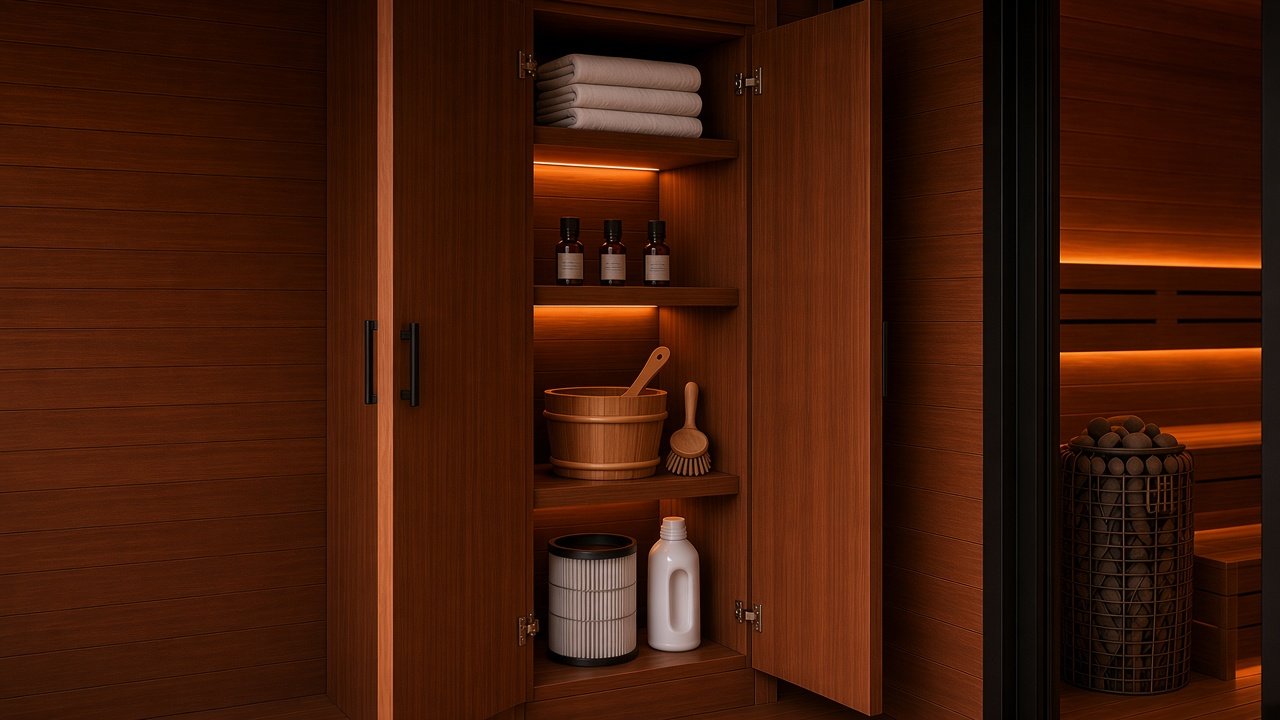 The D-Box 01 storage cabinet with both doors open: folded towels, essential oils, a wooden sauna bucket and brush, a spare plunge filter and care supplies on lit hardwood shelves, concept visualization.