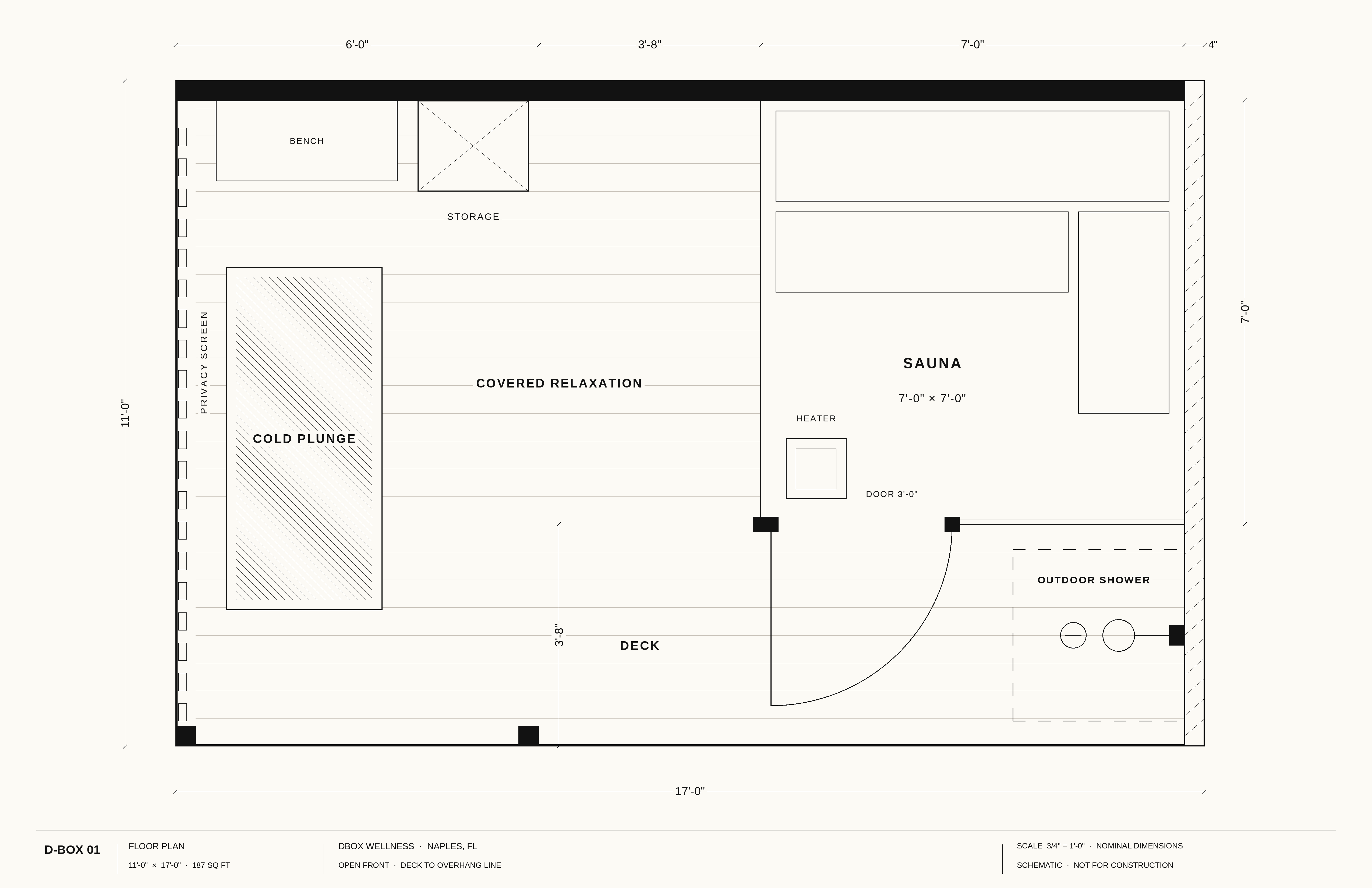 D-Box 01 floor plan, 11 by 17 feet. On the left, a covered relaxation bay with privacy screen, cold plunge, bench and storage. To the right, the sauna runs from the back wall to the right wall, with its glass front and door opening onto the deck. The outdoor shower is on the deck at the right end, mounted on the inside of the right wall.