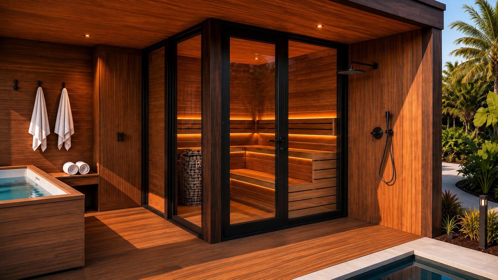 D-Box 01 sauna with glass front, cold plunge and outdoor shower, concept visualization.