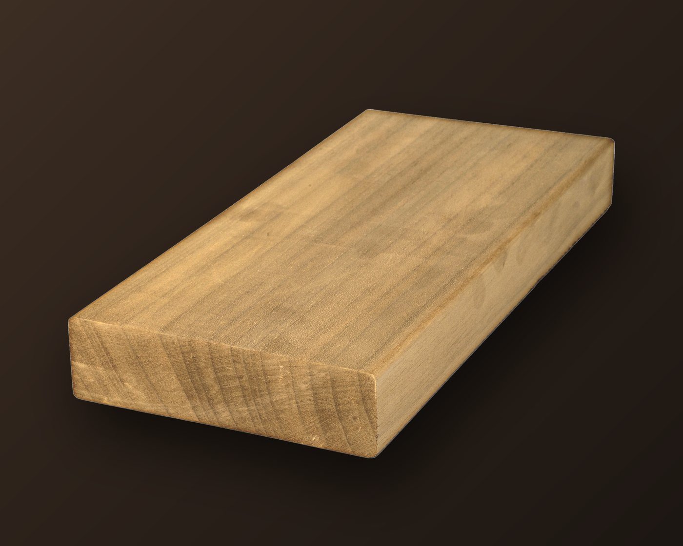 An Accoya board in pale blond-tan, shown at an angle with its end grain and profile