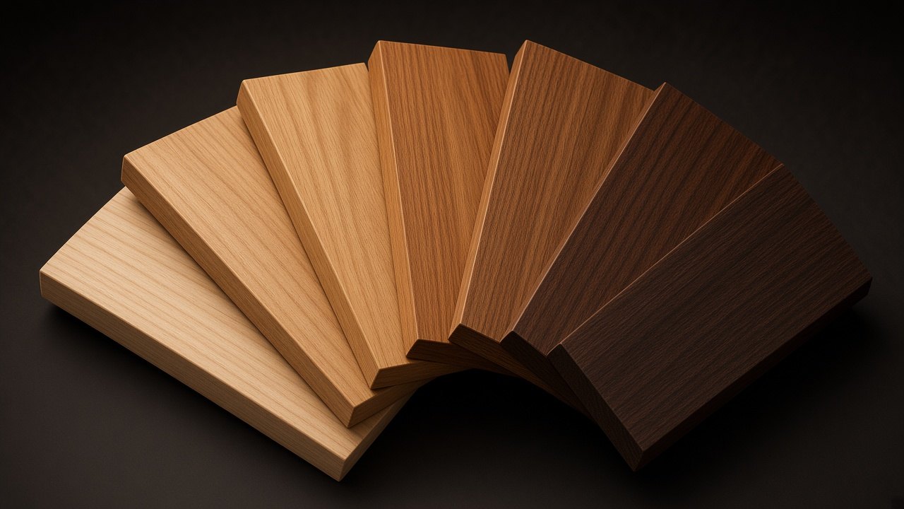 Fan of thermally modified wood samples in a range of species and tones