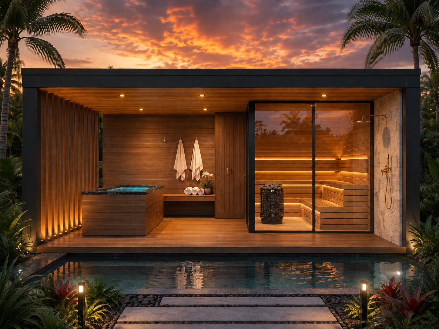 DBOX outdoor sauna and cold plunge at dusk in Naples, Florida