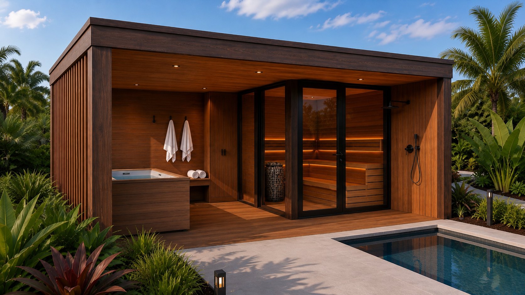 D-Box 01 poolside at dusk, concept visualization.