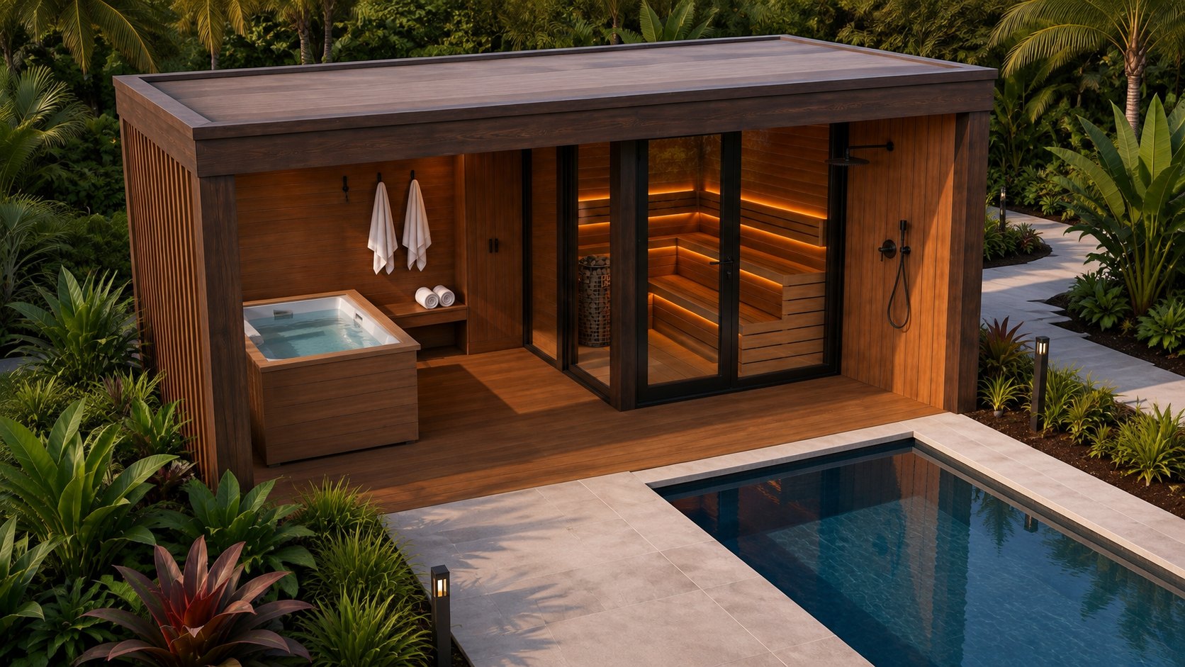 D-Box 01 poolside at twilight, concept visualization.