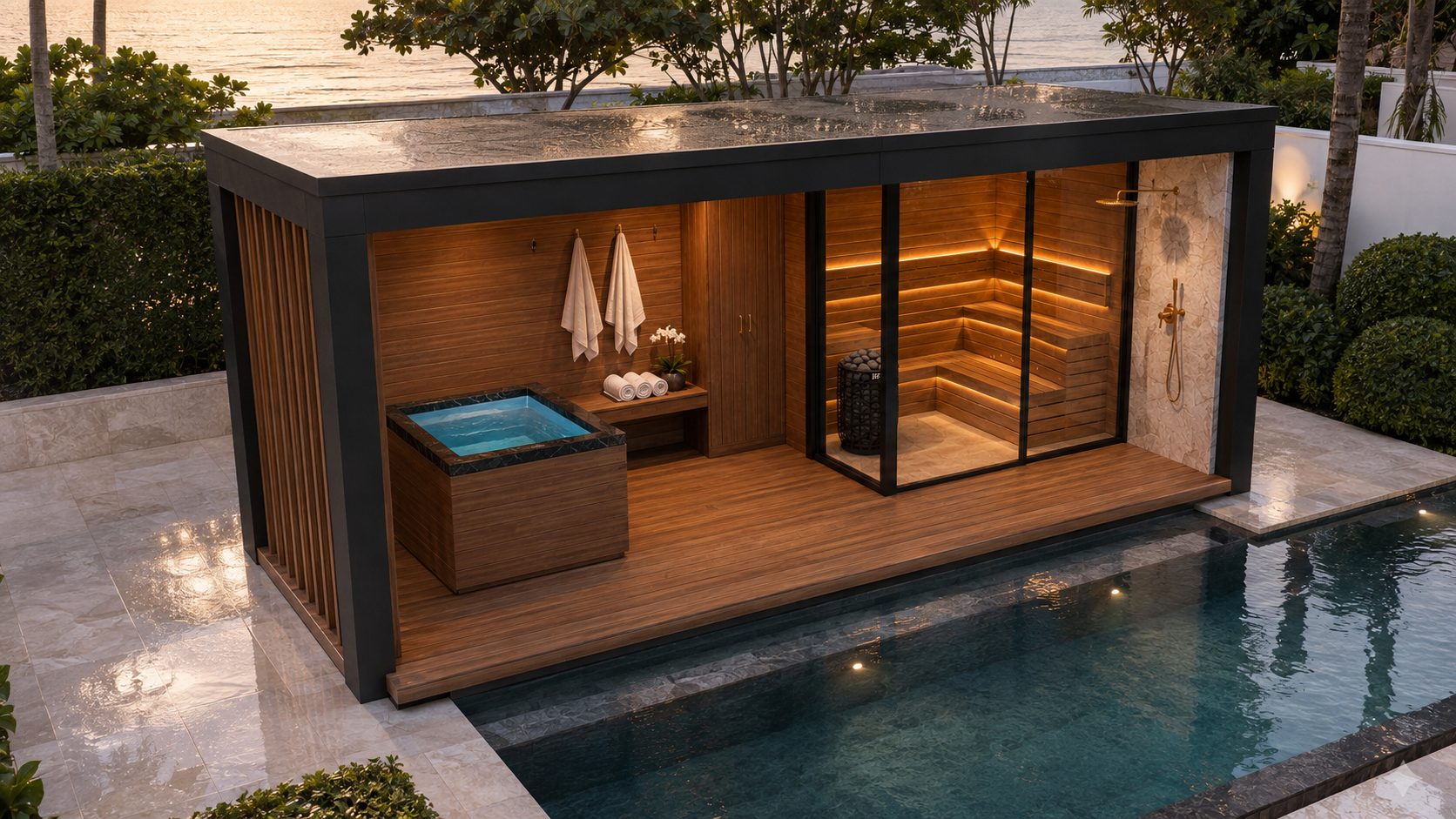 DBOX sauna in a coastal limestone courtyard