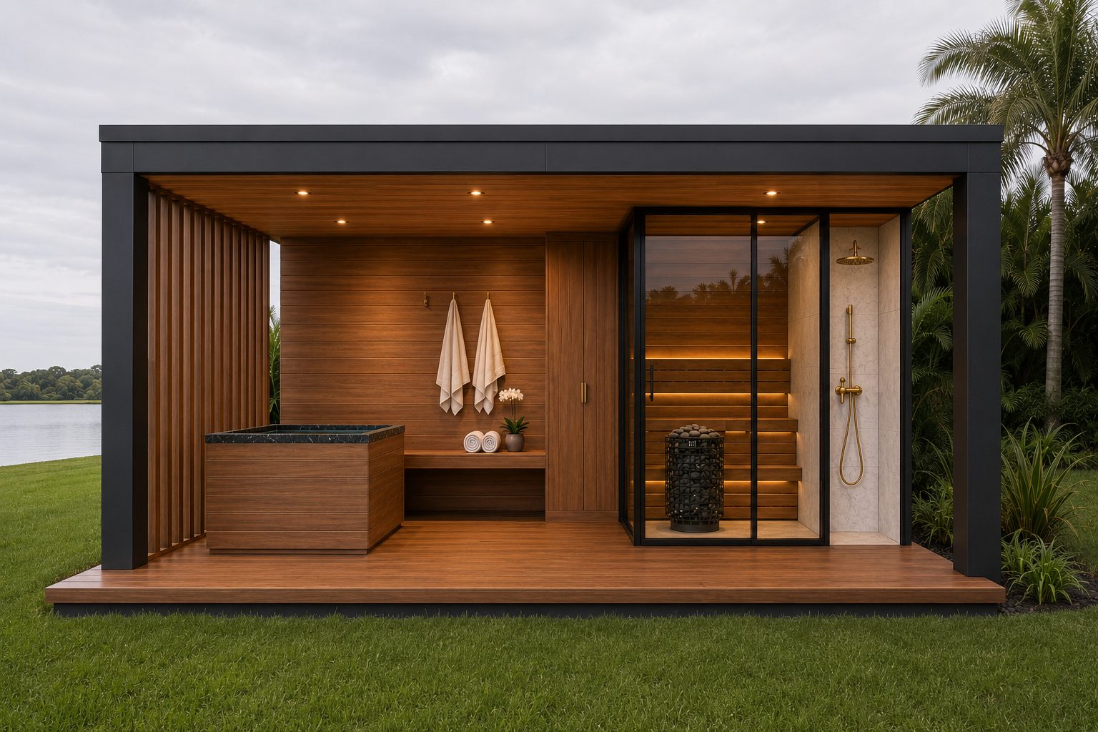 DBOX sauna on a lakefront lawn
