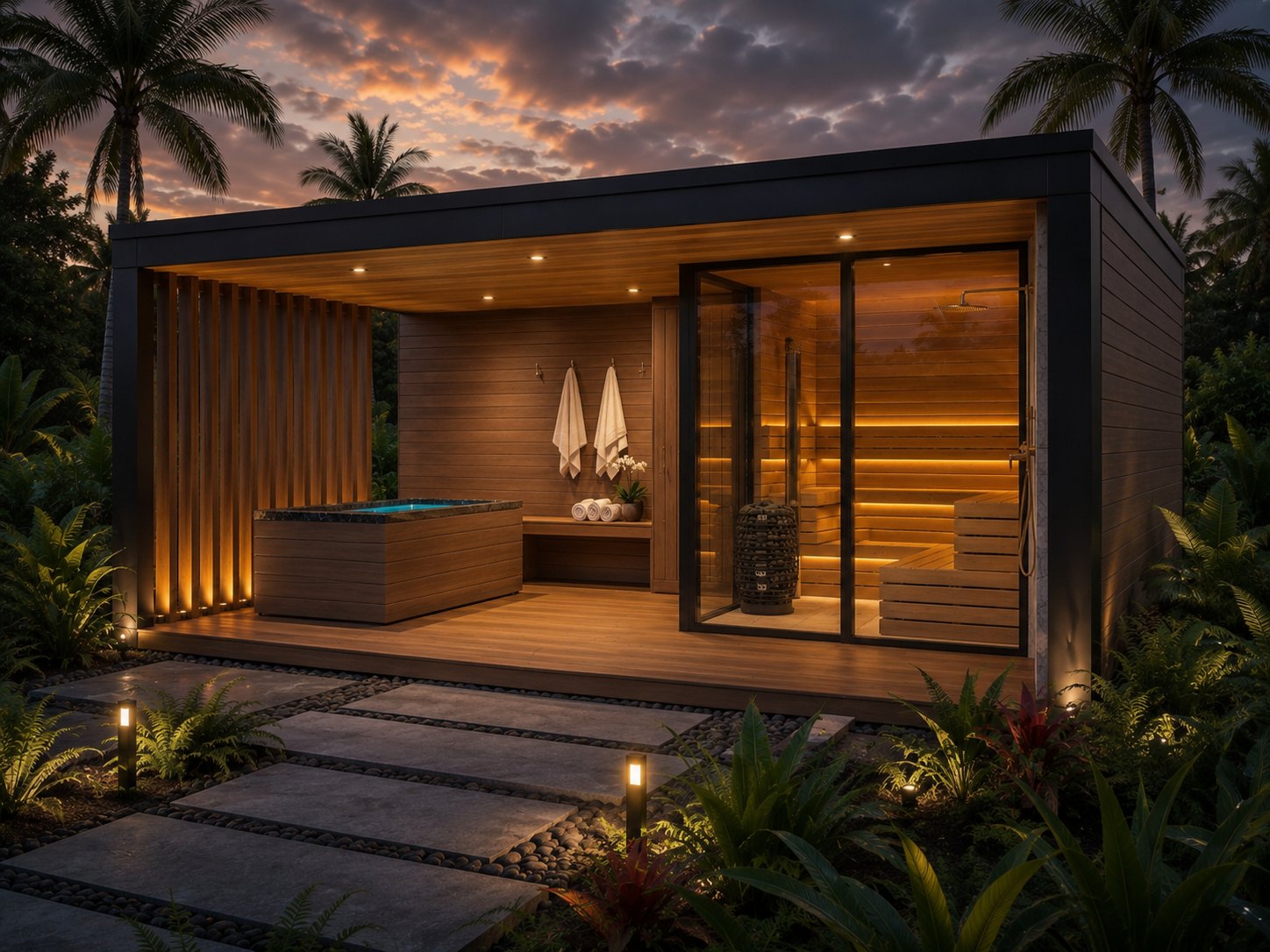 DBOX sauna sited in tropical landscaping