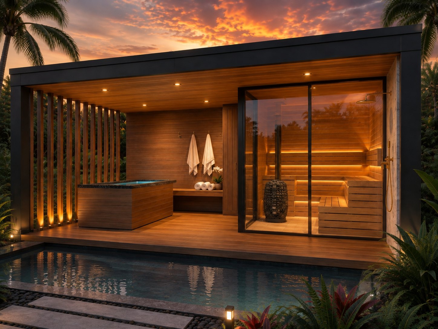Three-quarter view of the DBOX sauna at dusk